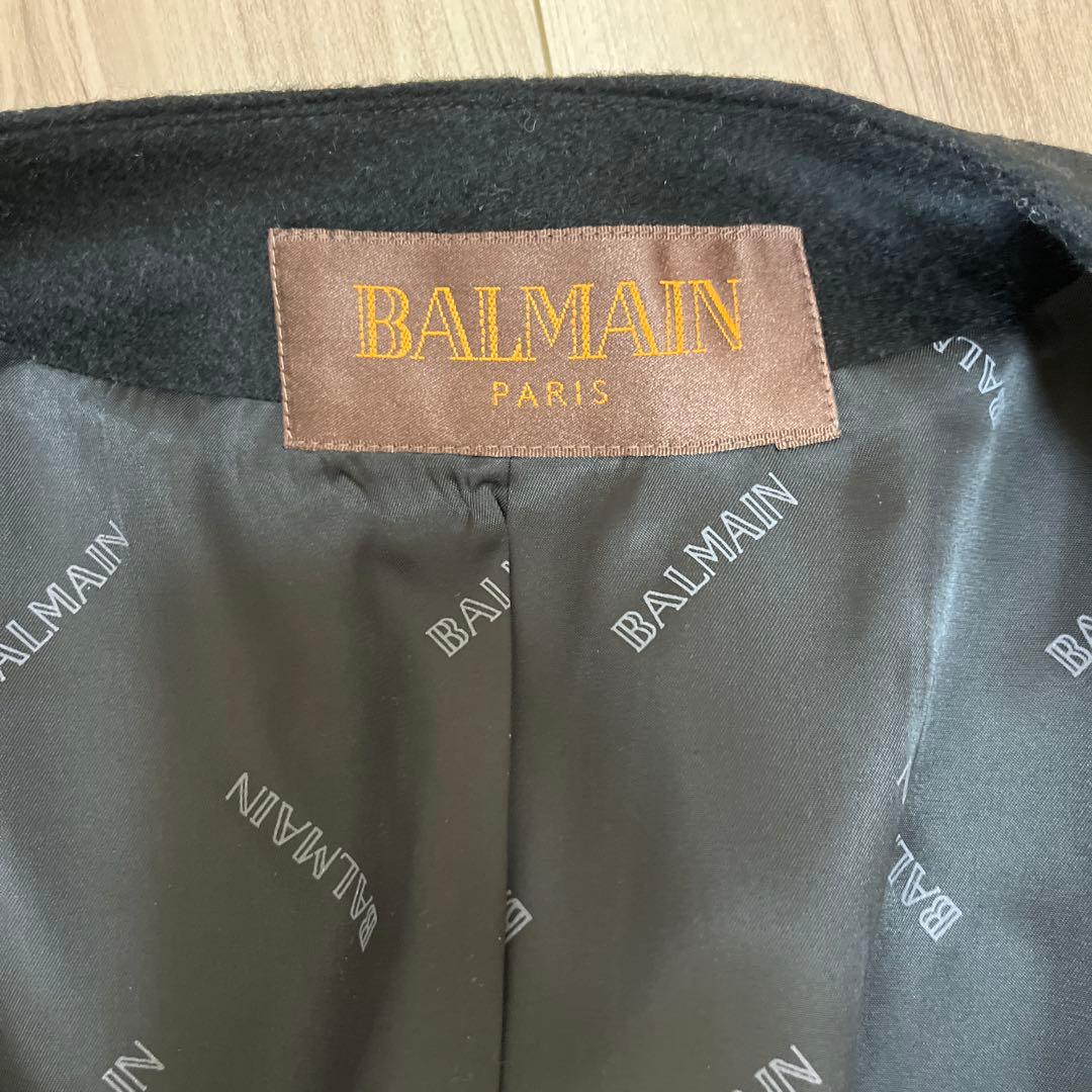 BALMAIN カシミア羊革レザーコンビロングコート サイズ13 ノーカラー