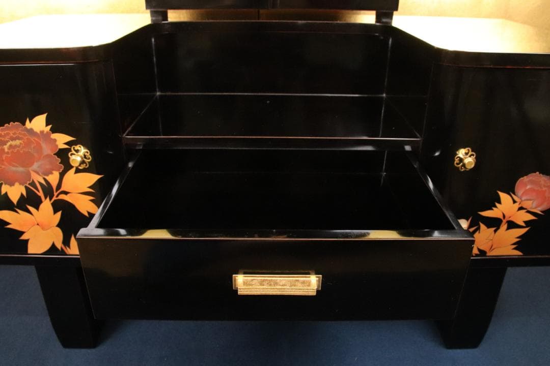 枝垂れ桜様専用、高級輪島塗 黒漆塗り 芍薬蒔絵 台 ドレッサ 三面鏡