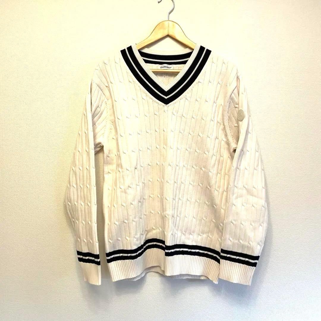 Orobianco ホワイト Vネックチルデンセーター　※未使用に近い。 チルデンVネックセーター/DoCLASSE