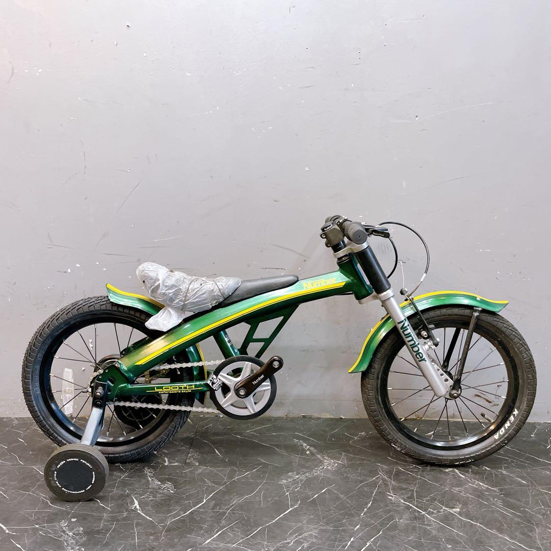 918】バイク風子供車 Number グリーン 補助輪付き