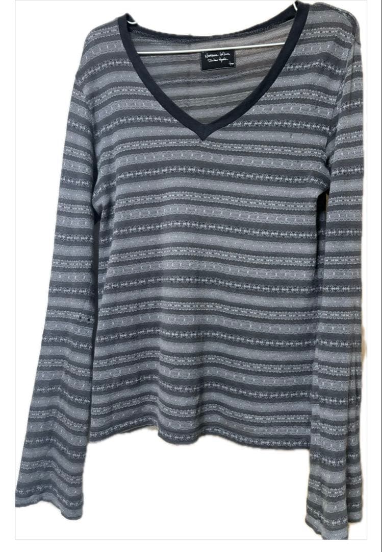 ナンバーナイン 08ss グレー ストライプ Vネック 長袖カットソー　ロンT NUMBER (N)INE（ナンバーナイン） tシャツ NARROW STRIPED Number(9