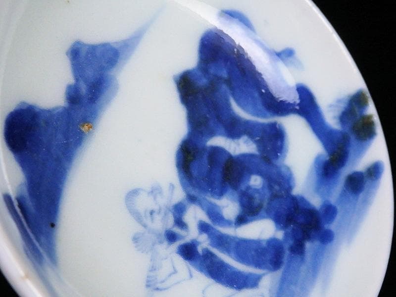 古伊万里 染付 笛吹童子に牛の図 豆皿 C873AS-BWn