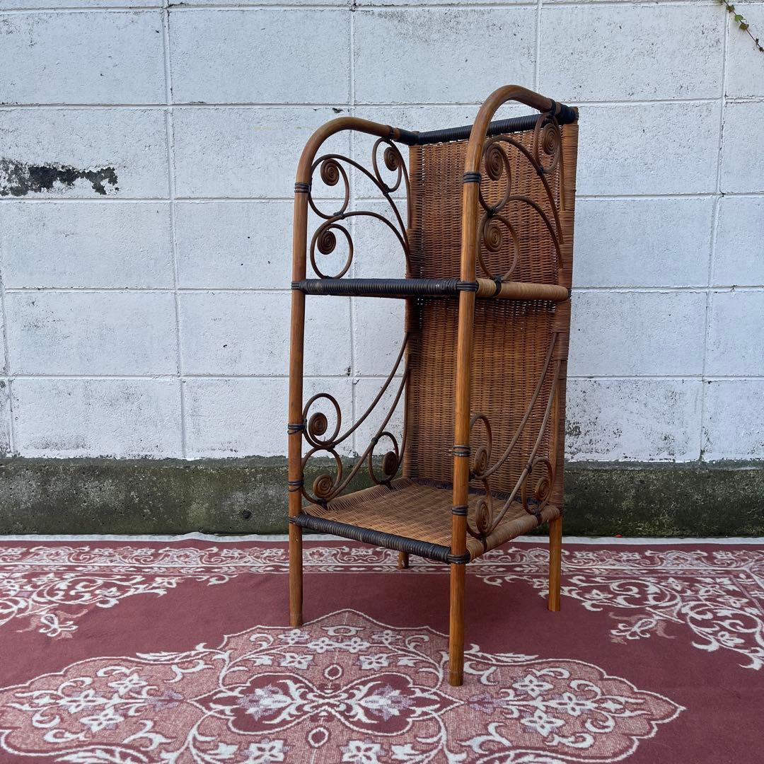 古家具 天然素材◾️籐ラタン製 2段 ディスプレイ台 飾り台 花台 ラタン トレー 2段 長方形 楕円 トレイ バスケット かご アフヌーン