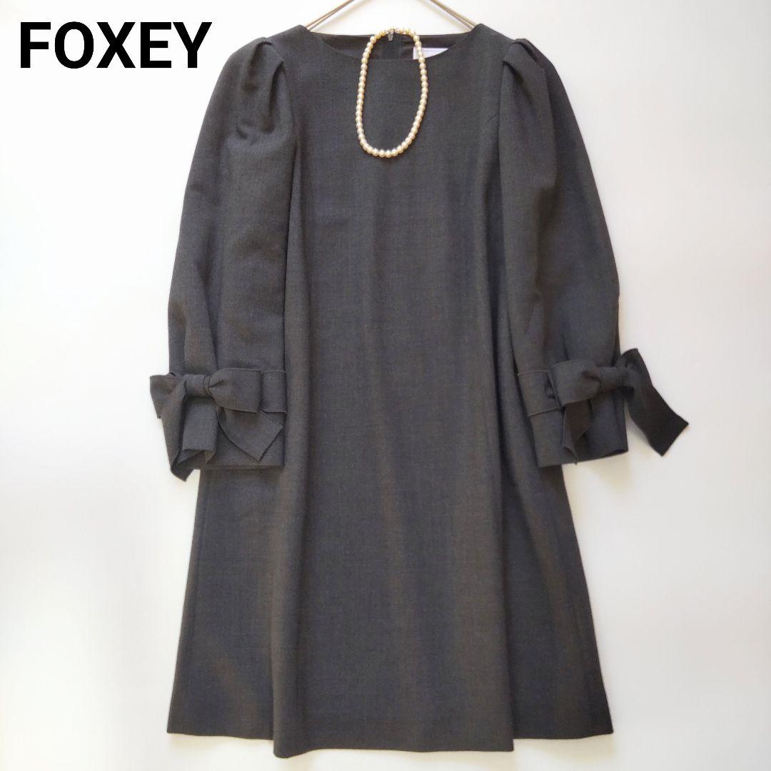 フォクシー 長袖 Dress Sleeves 袖リボン ワンピース グレー 38 フォクシー 長袖 Dress Sleeves 袖リボン ワンピース グレー 38