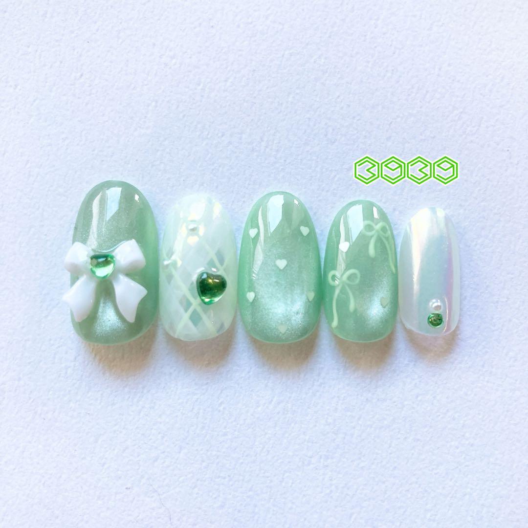 ネイルチップ 付け爪 水光ネイル リボンネイル グリーン 黄緑 推し活