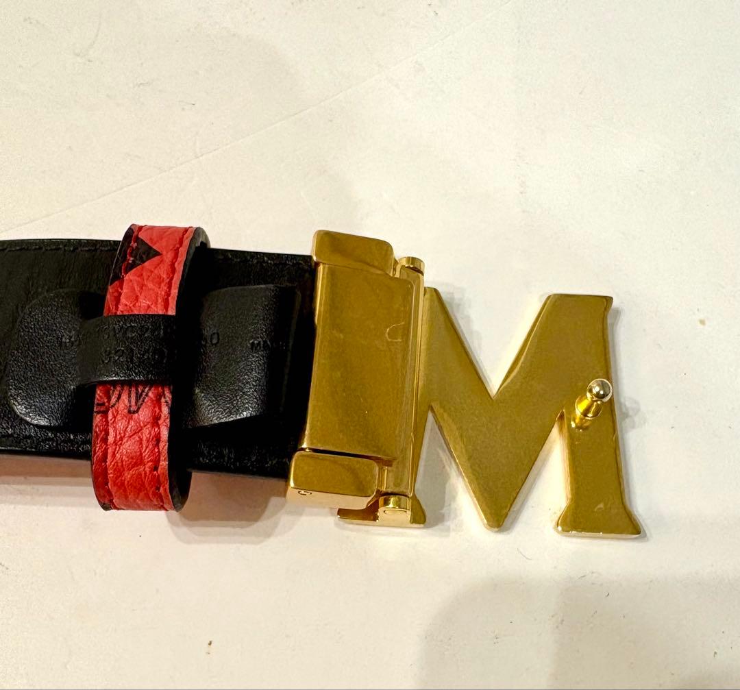 MCM エムシーエム☆ベルト ロゴ柄 ヴィセトス スタッズ 赤 80 MCM