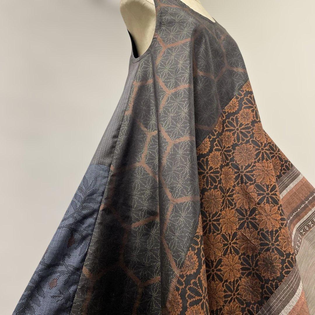 着物ワンピーステントラインロング丈《9》大島紬や紬等(7マルキ含)Mサイズくらい