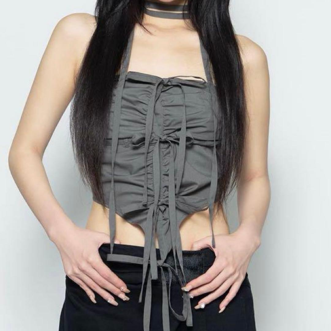 THEREDTHREAD S ribbon gather topsグレー