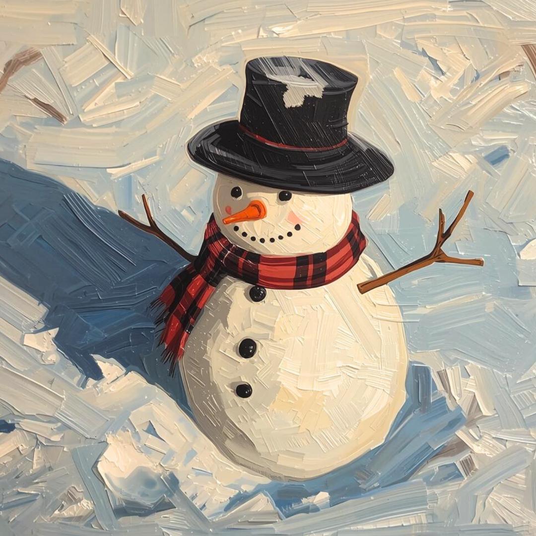 A4 赤いマフラーの雪だるまと冬の陽だまり 油絵アート インテリア