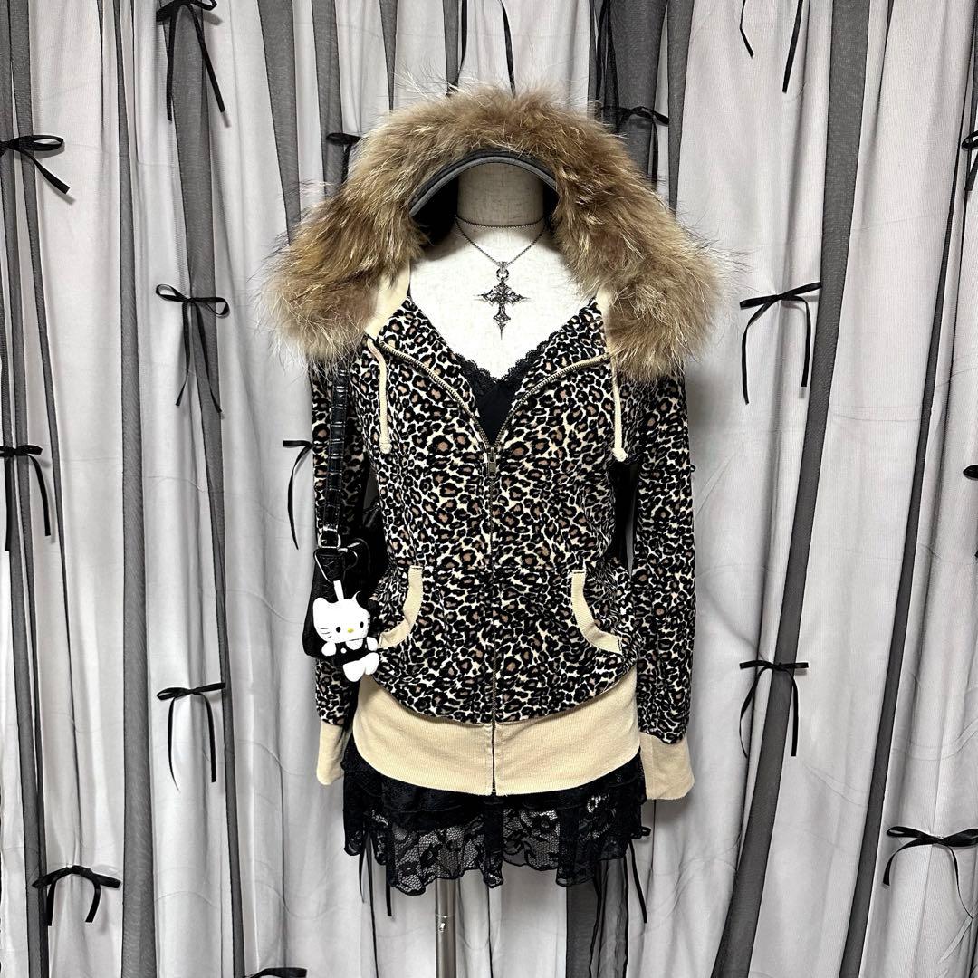 平成ギャル y2k ヒョウ柄 レオパード ファー フード付き パーカー