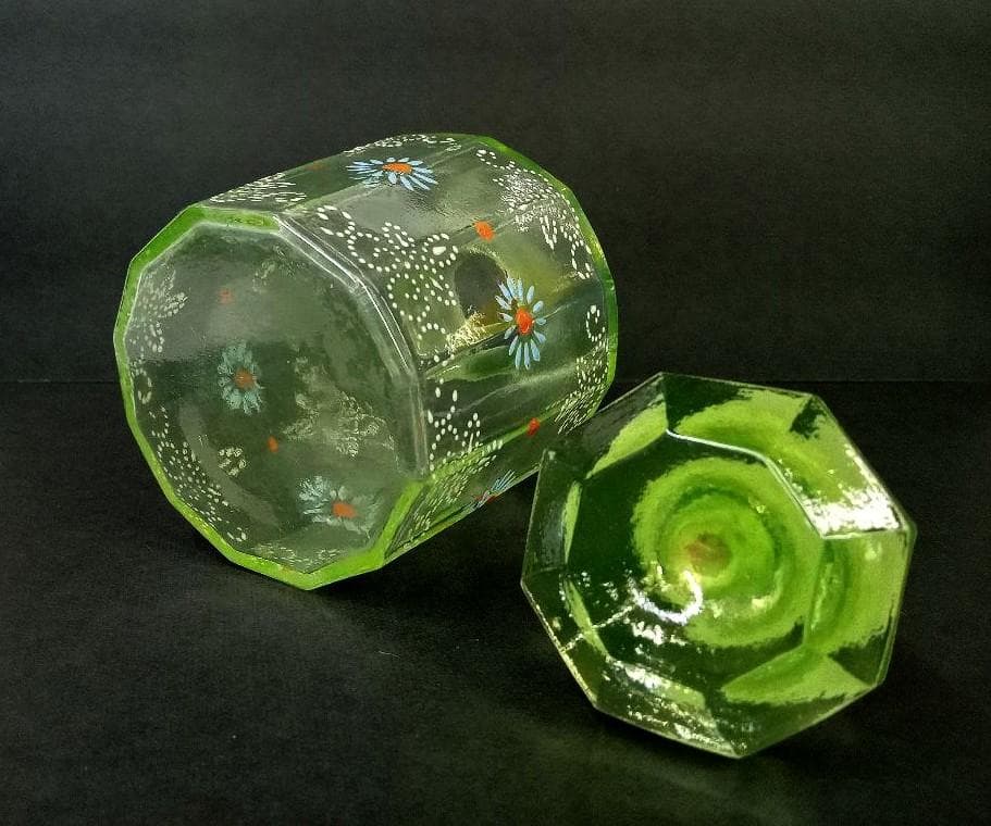 ☆P0101☆アンティーク ウランガラス エナメル花絵 蓋付き瓶