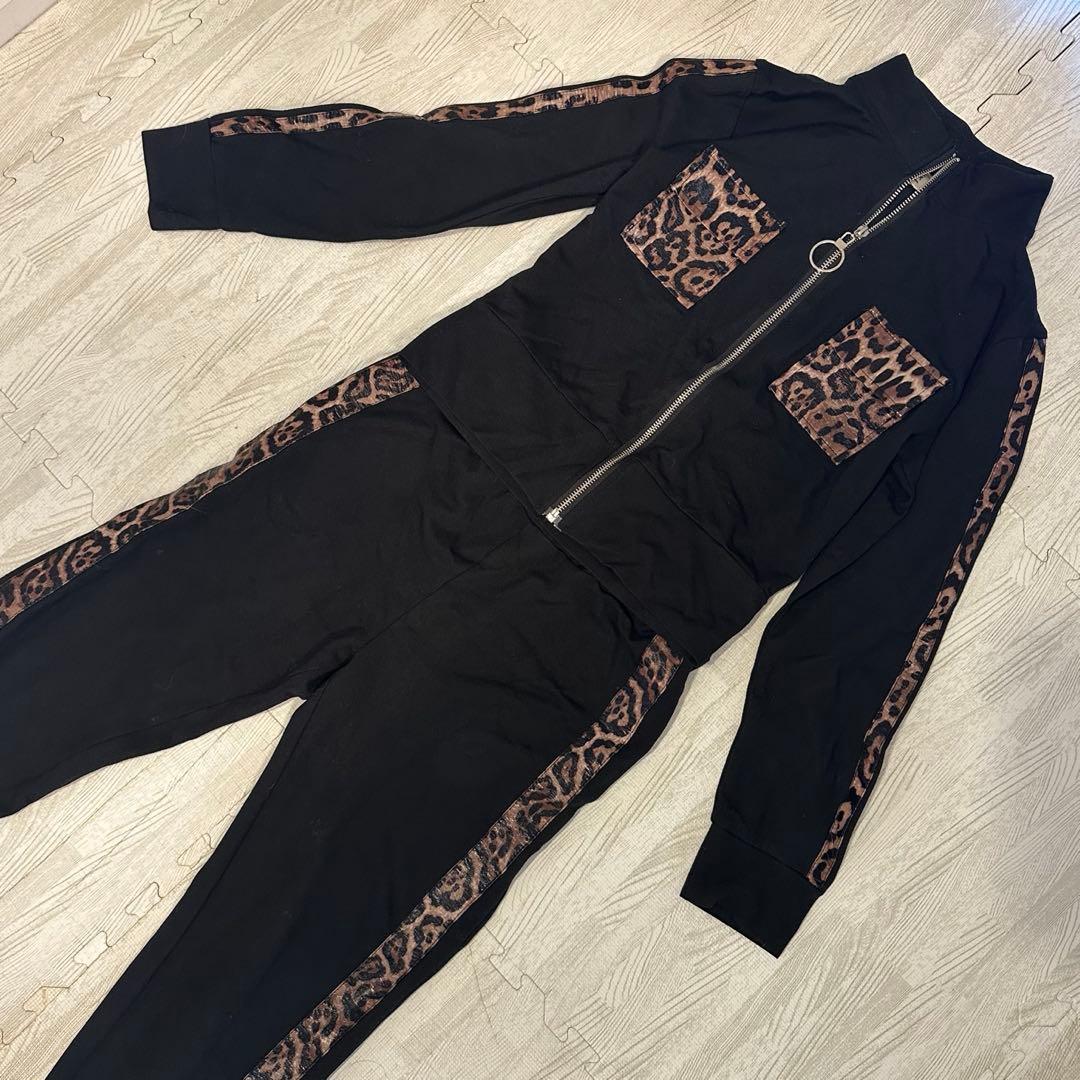 レオパード柄 セットアップ 黒 ジャージ ギャル ヒョウ柄 パーカーS
