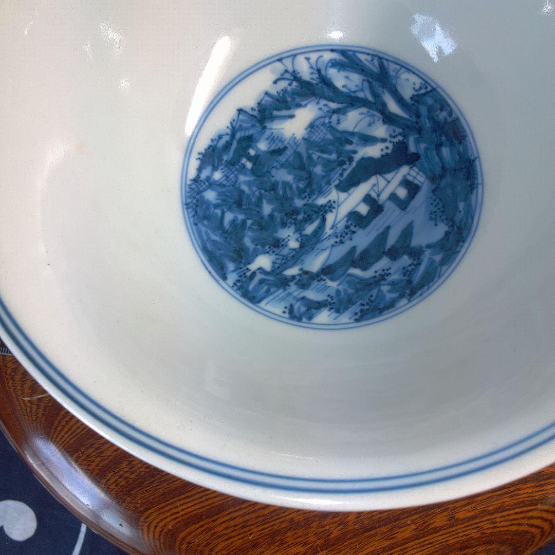 骨董2 青い風景画の陶器ボウル