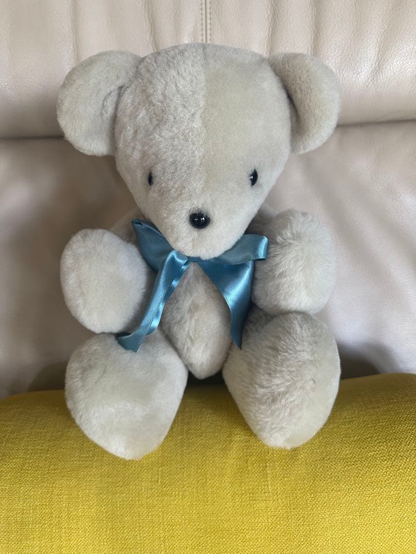 テディベア リアルファー グレーのぬいぐるみ 約30cm 水色リボン テディベア リアルファー グレーのぬいぐるみ 約30cm 水色リボン おもちゃ