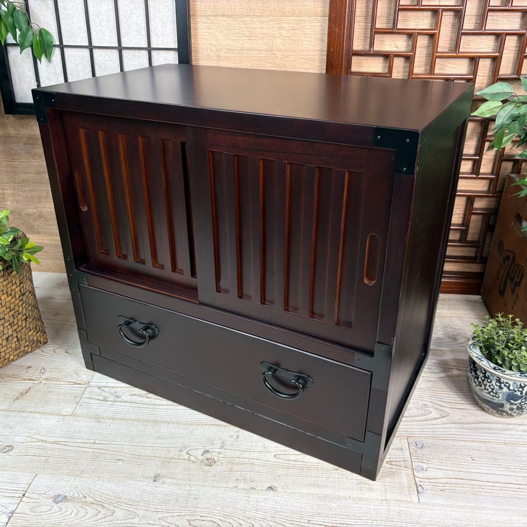 訳あり品！【135】民芸家具木製桐材無垢引き戸チェストタンス木製収納家具和室和風 楽天市場】送料無料 総桐 民芸 引戸付たんす 引出1杯 幅60 【組立不要