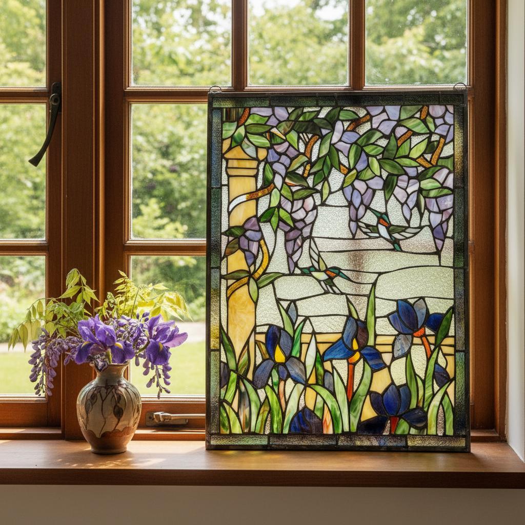 ステンドグラス 特大パネル 藤とアイリス ハチドリ 48.5×64.5cm 額装