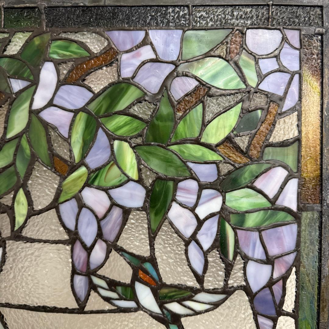 ステンドグラス 特大パネル 藤とアイリス ハチドリ 48.5×64.5cm 額装