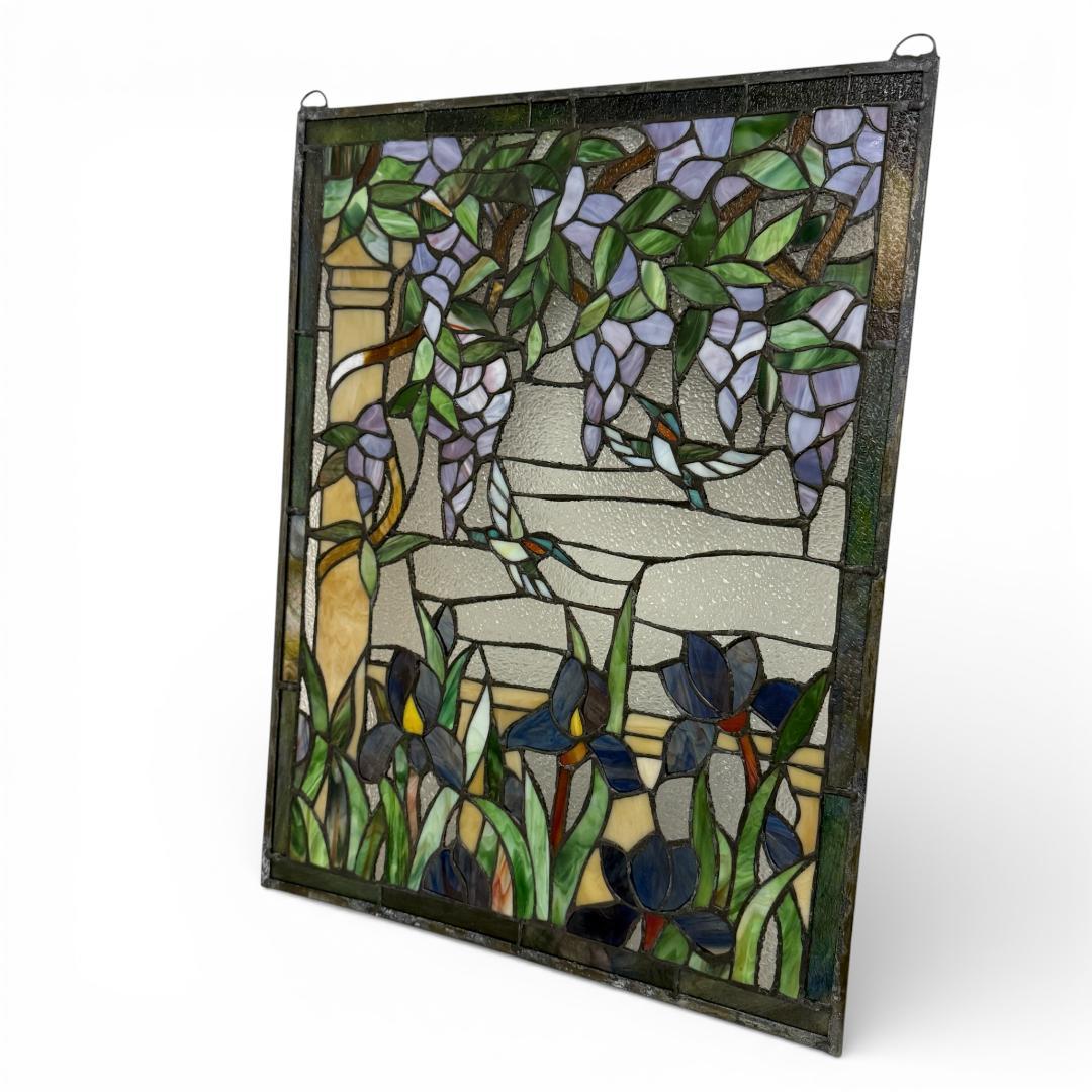 ステンドグラス 特大パネル 藤とアイリス ハチドリ 48.5×64.5cm 額装