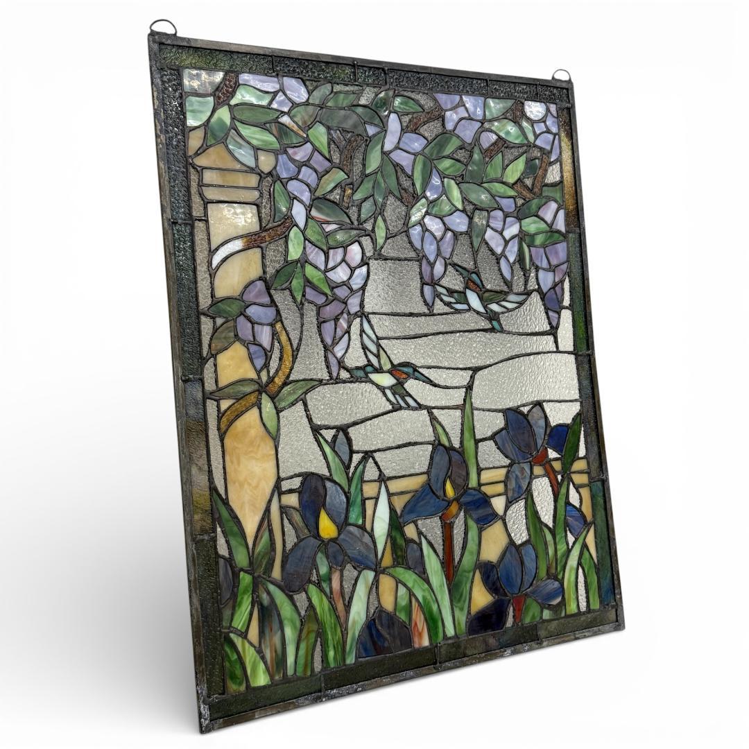 ステンドグラス 特大パネル 藤とアイリス ハチドリ 48.5×64.5cm 額装