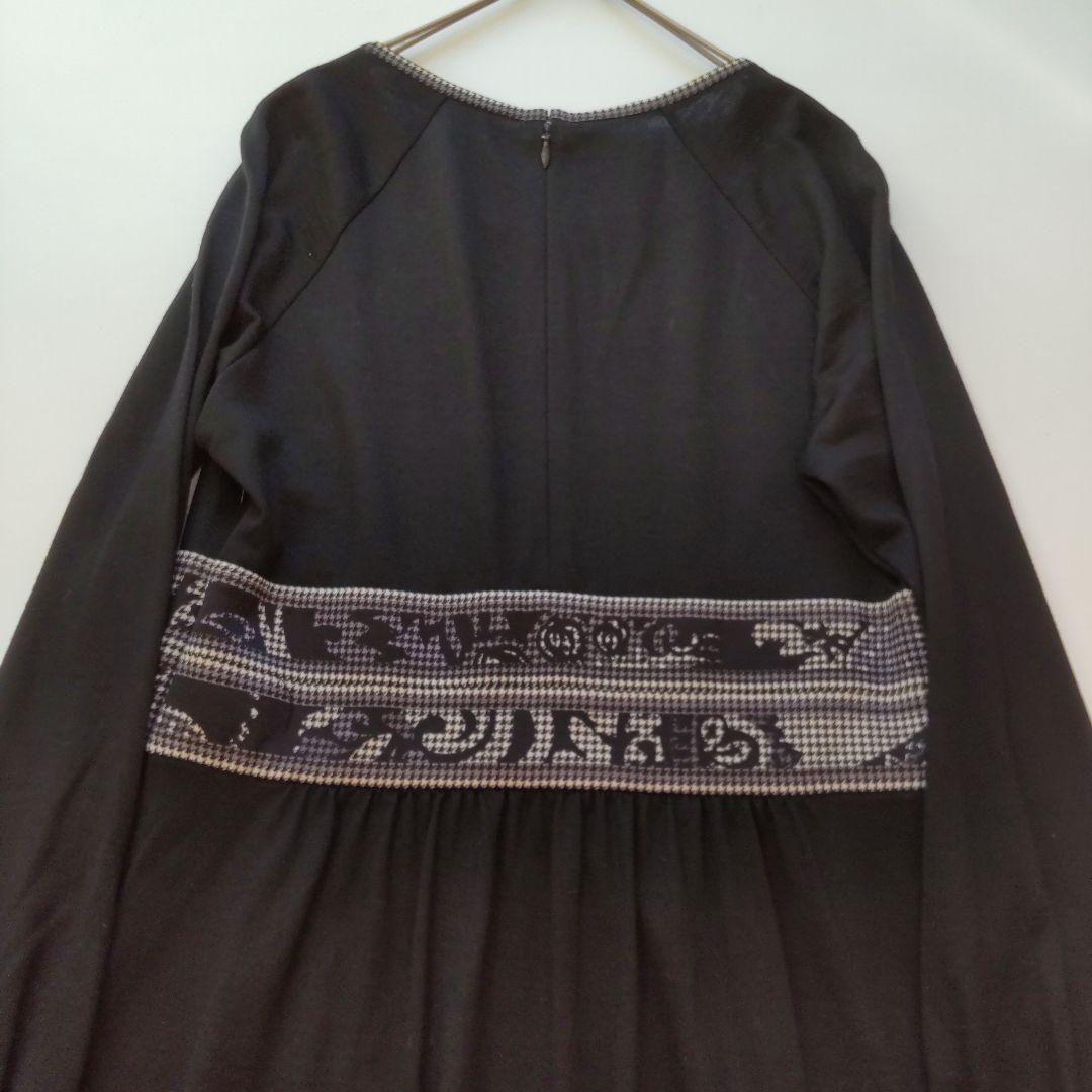 美品 レオナール 千鳥格子 長袖 ギャザー ひざ丈ワンピース トリム