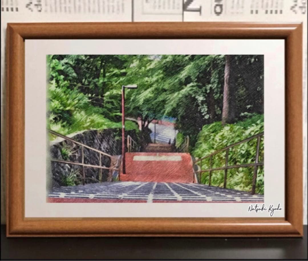 ジブリアート⑧耳をすませばより「桜ヶ丘の階段より」32.7㎝×24.0㎝　額装品 ジブリアート⑧耳をすませばより「桜ヶ丘の階段より」額装品 額縁寸法