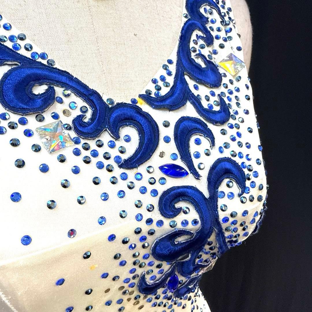 Y5748☆M オフ白 青 スワロMIX フリンジ ラテンドレス 社交ダンス