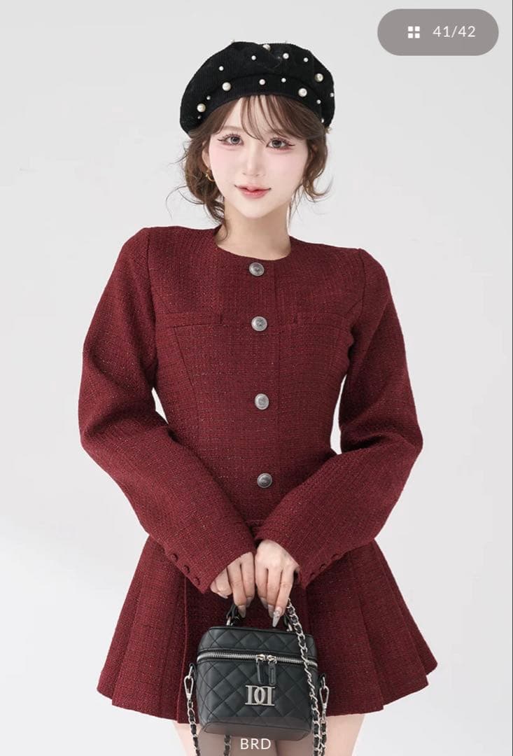 ダーリッチ　ボックスプリーツツイードミニワンピース　F-L ボルドー ダーリッチ Darich ボックスプリーツツイードミニワンピース