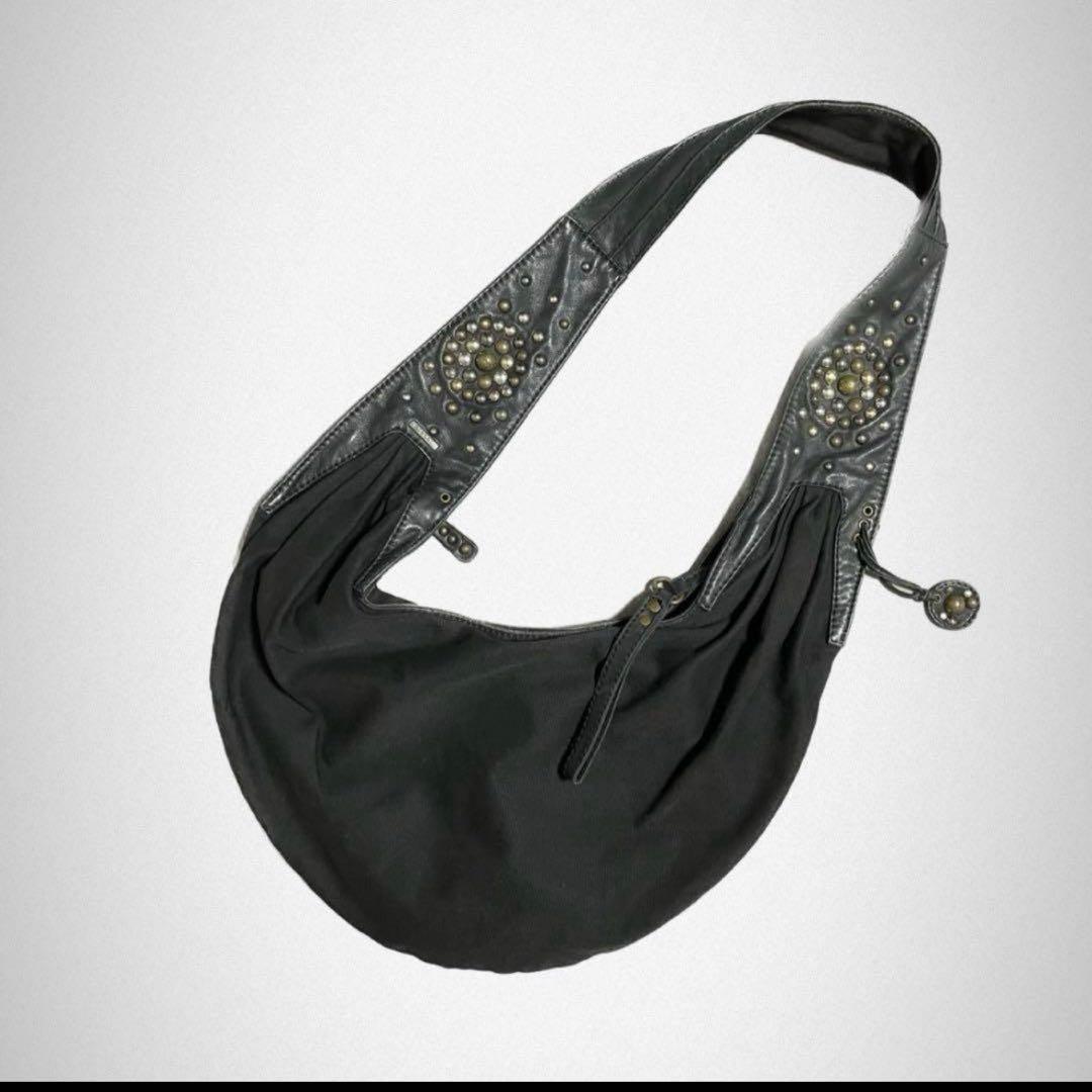 バッグ DIESEL Archive studs leather shoulderbag Diesel Grey Leather Shoulder Bag with Silver Buckles
