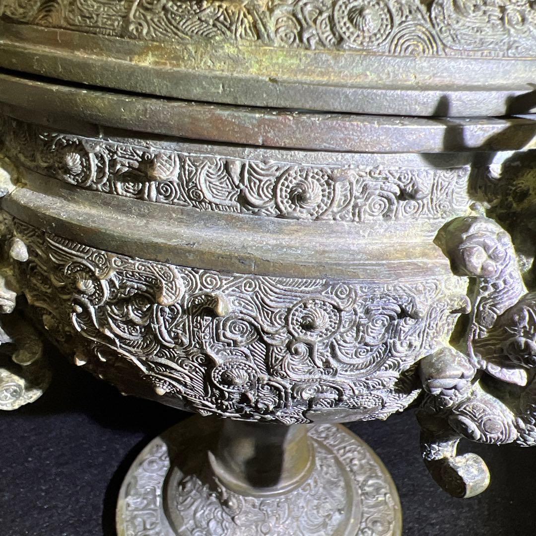 古代中国 古銅蓋物 木箱付 1740g/高さ約19.5㎝ 東Y7-1229