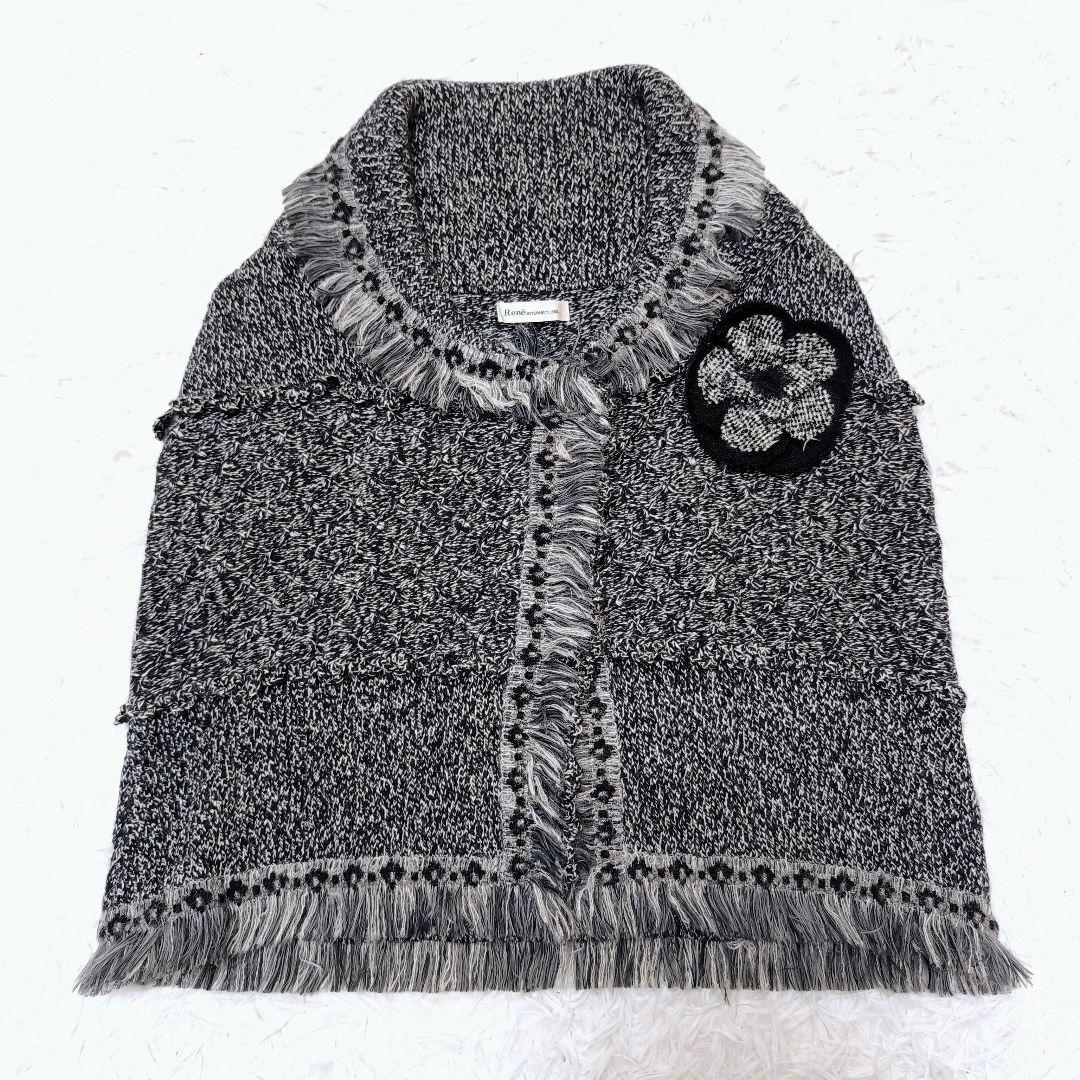 美品】Rene ルネ カシミヤ混 ミックスツイード コサージュ ポンチョ 36