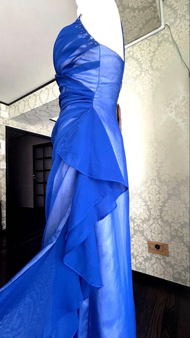 青いジョゼットにスパンコールビーズ装飾 社交ダンスドレス ドレープフリル