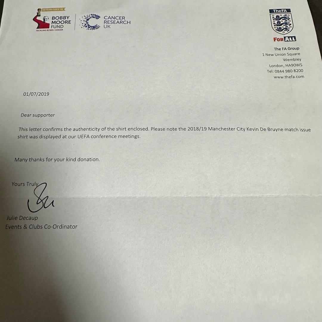 デブライネ 支給ユニフォーム マンチェスターシティ ベルギー代表 証明