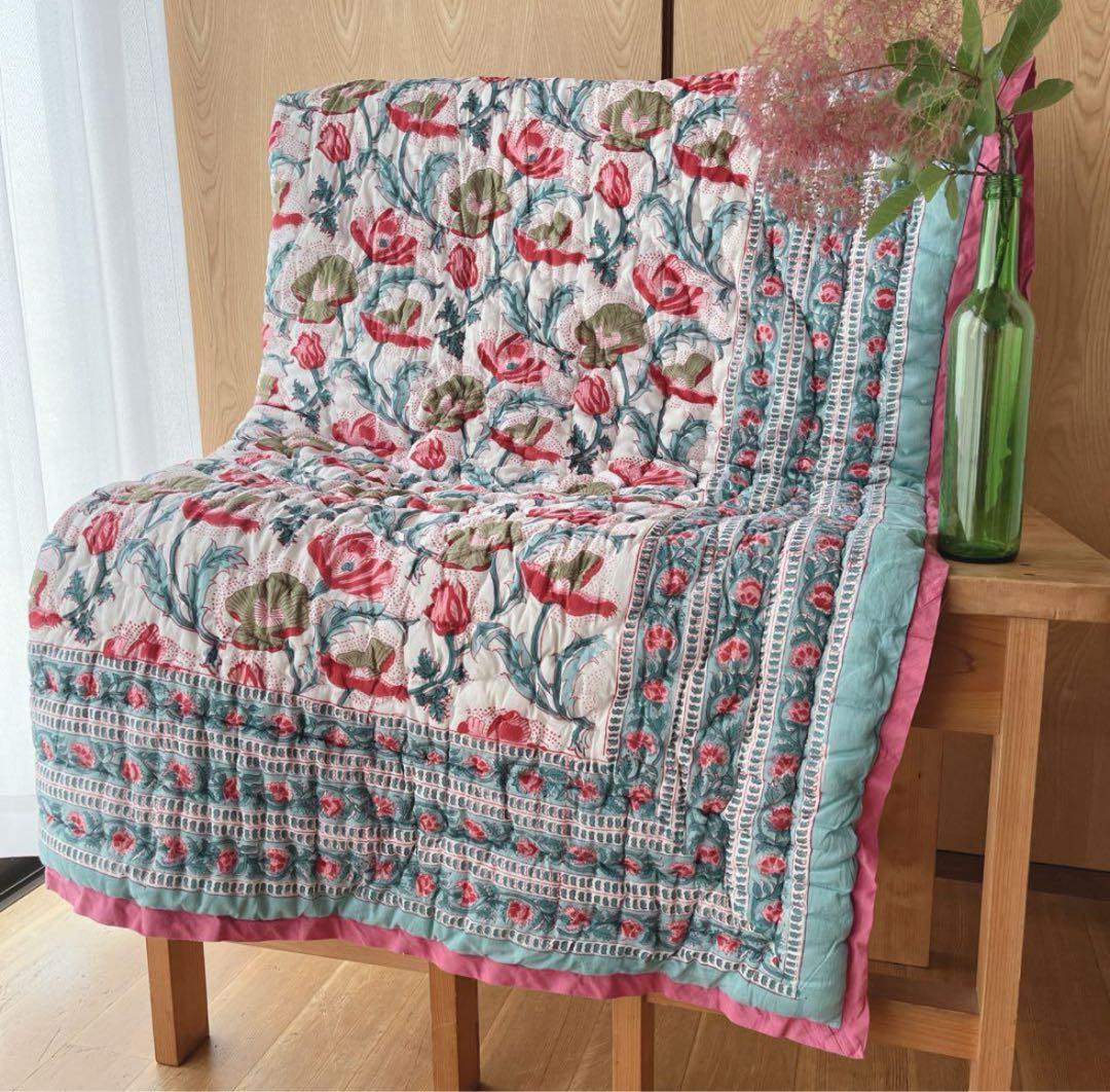 未使用※インド ブロックプリント 中綿入りベビーキルト グリーン