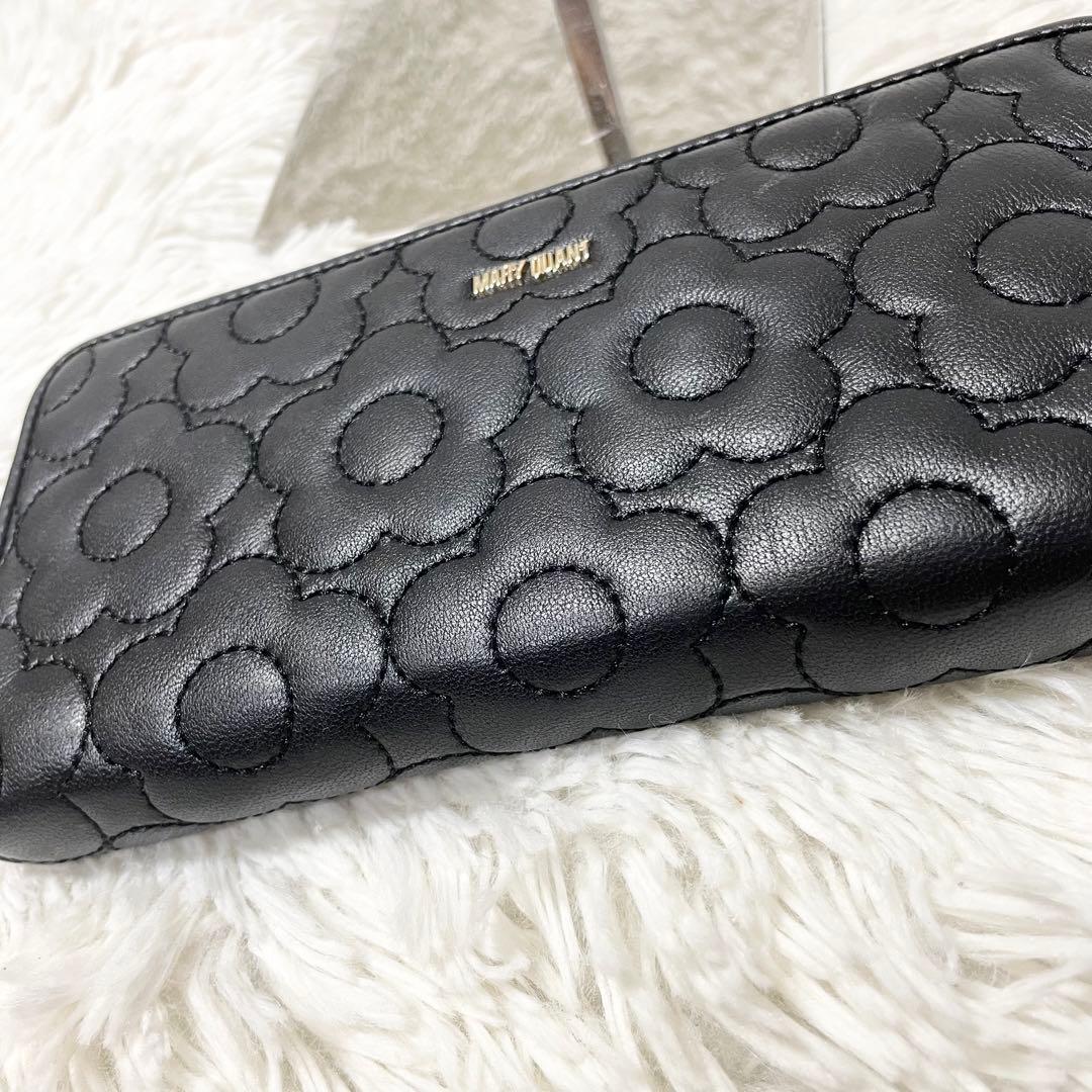 新品 マリークワント 長財布 ラウンドファスナー 花柄 レザー ブラック