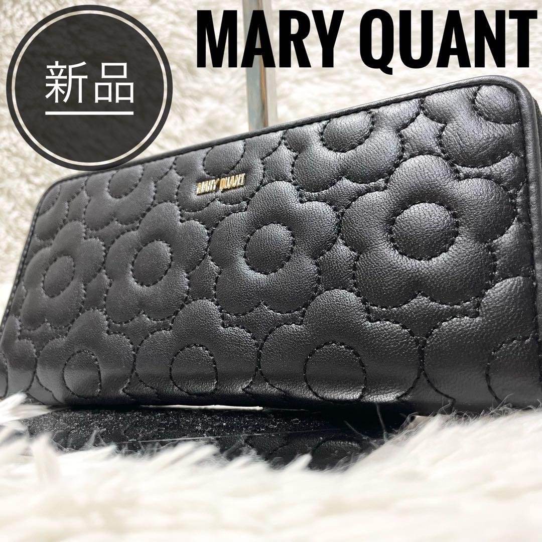 新品 マリークワント 長財布 ラウンドファスナー 花柄 レザー ブラック