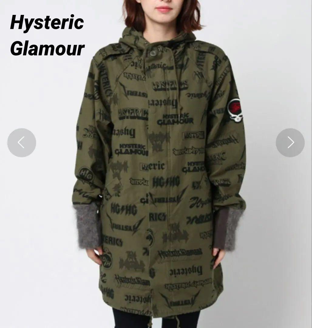 【美品】ヒステリックグラマー　総柄モッズコート　袖リブ　スカルワッペン　カーキ系 美品】ヒステリックグラマー 総柄モッズコート 袖リブ スカルワッペン