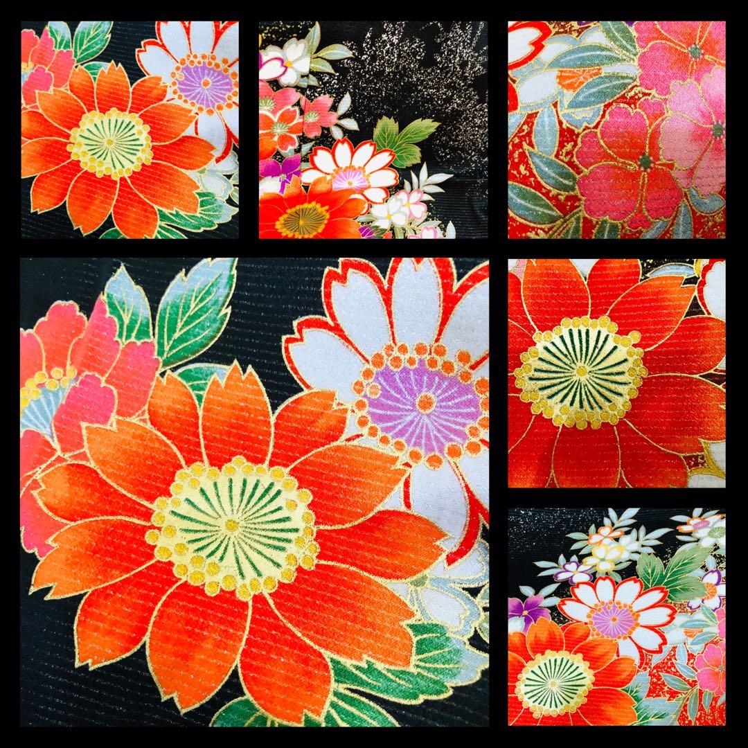 七五三七歳❣️豪華黒地ラメ花々金彩⭐︎正絹全通袋帯