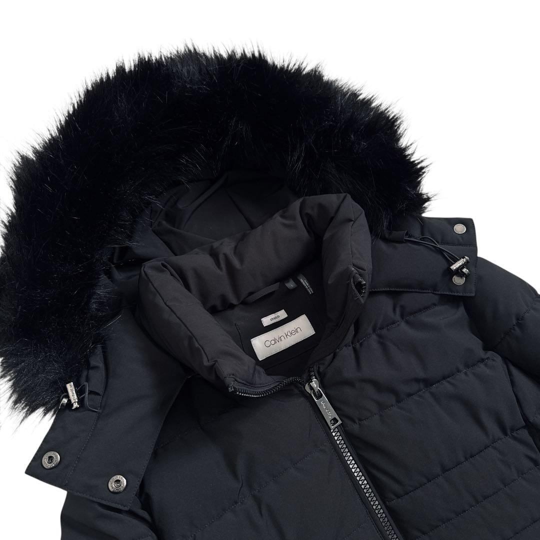 極美品 カルバンクライン 中綿 ロングコート 黒 L ファー付 ロゴ