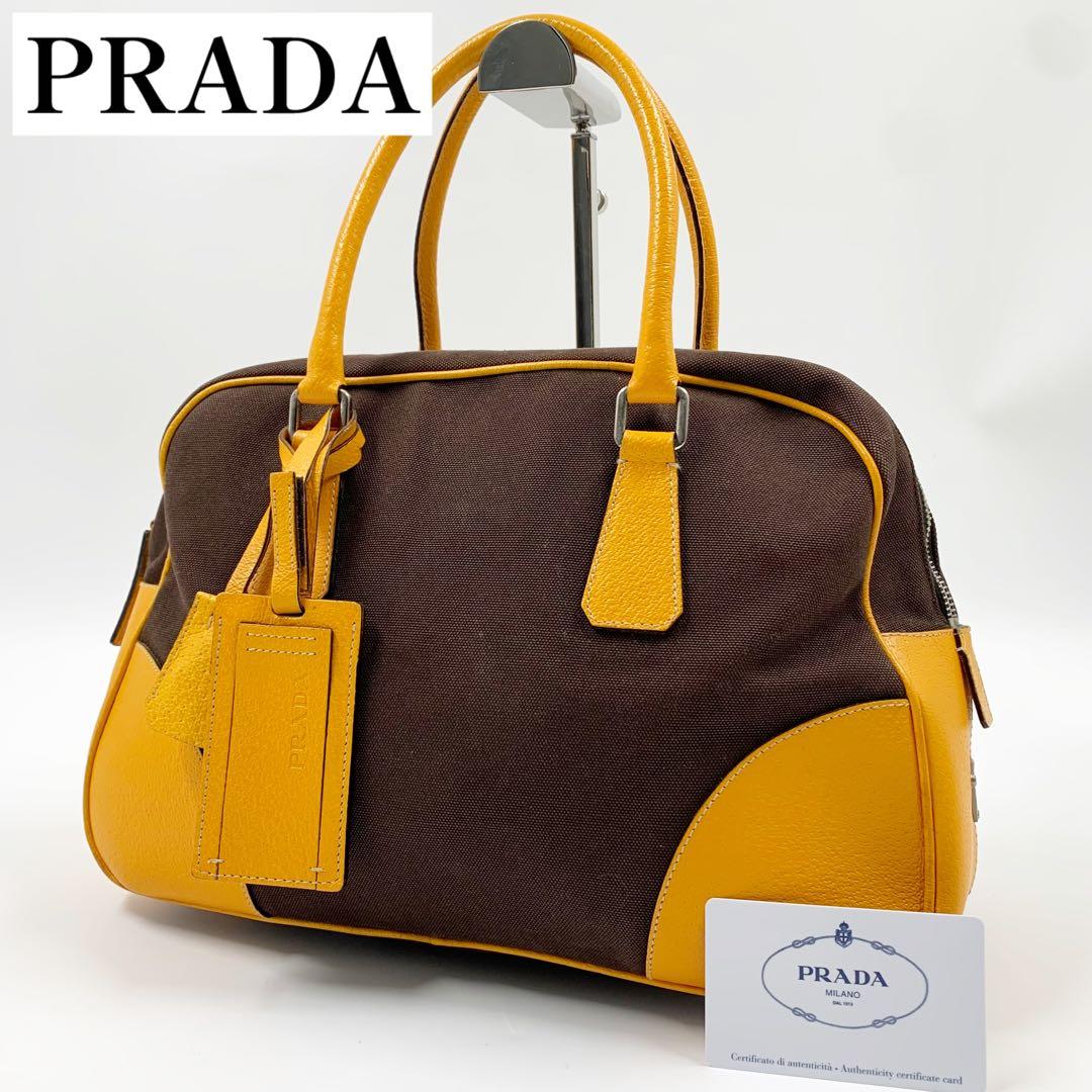 【✨美品✨】プラダ ミニボストンバッグ 三角ロゴ レザー ブラウン イエロー プラダ PRADA ミニボストンバッグ ボストンバッグ レザー ブラウン