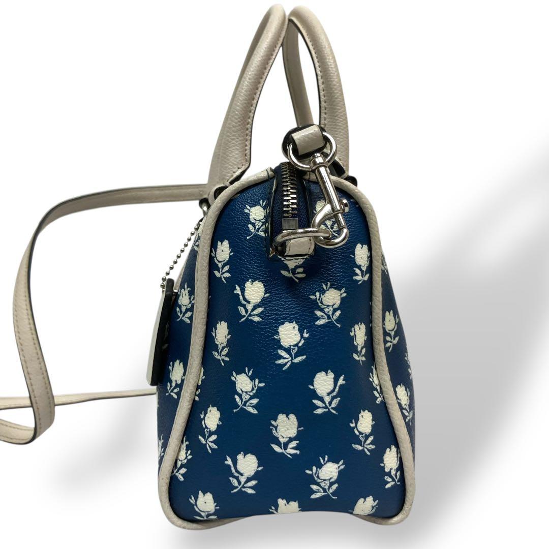 美品】Coachコーチ ミニボストンバッグ 花柄 ブルー PVC 2way