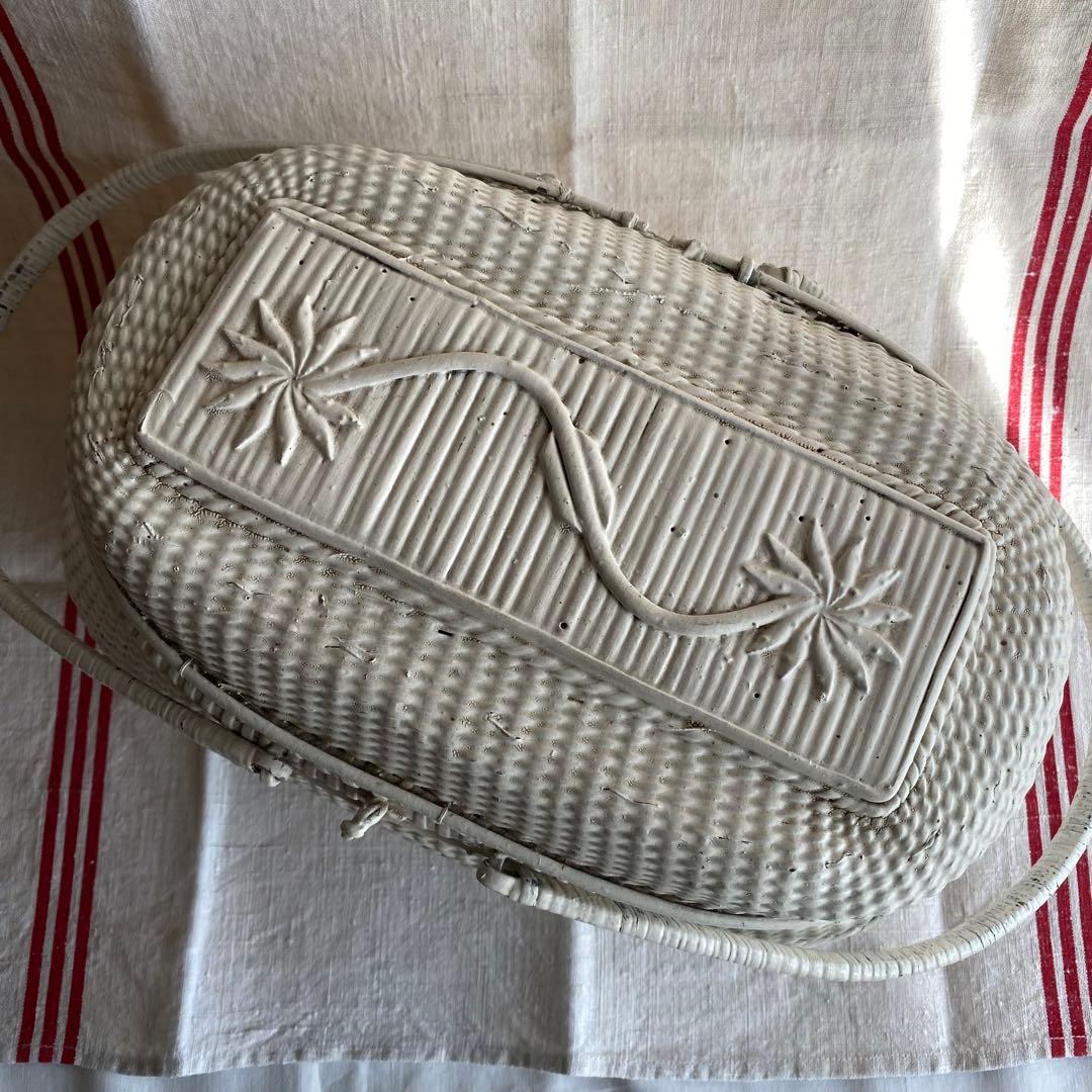 フランス アンティークパニエ プロヴァンスプリント 白いかご ラタン