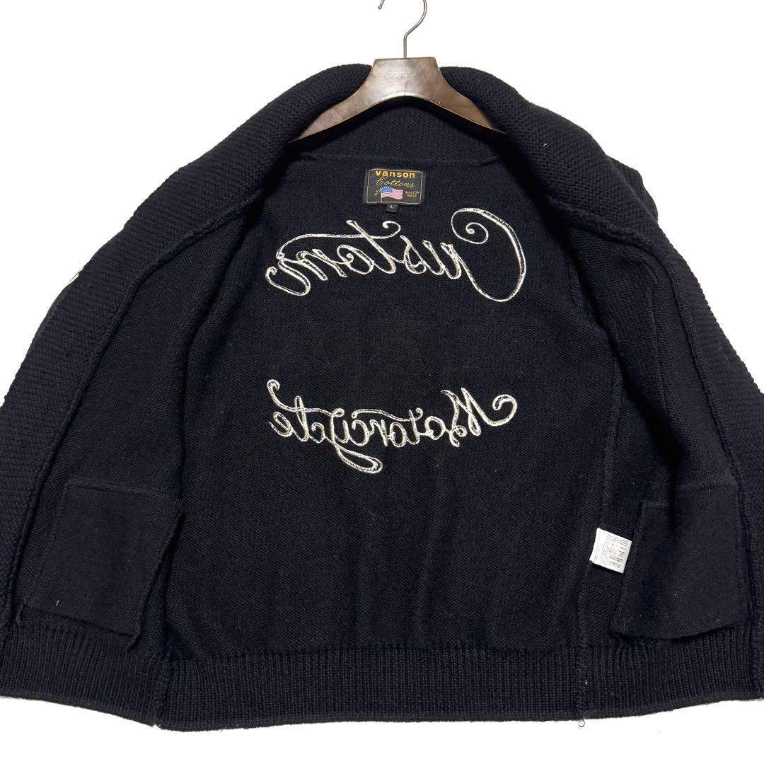 vanson バンソン ショールカラー カーディガン ワッペン 刺繍 黒 L