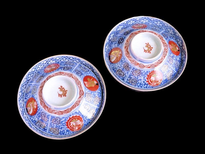 大聖寺伊万里 染錦 鳳凰に唐人 唐草の図 蓋茶碗 2客 A121AS-fbmj