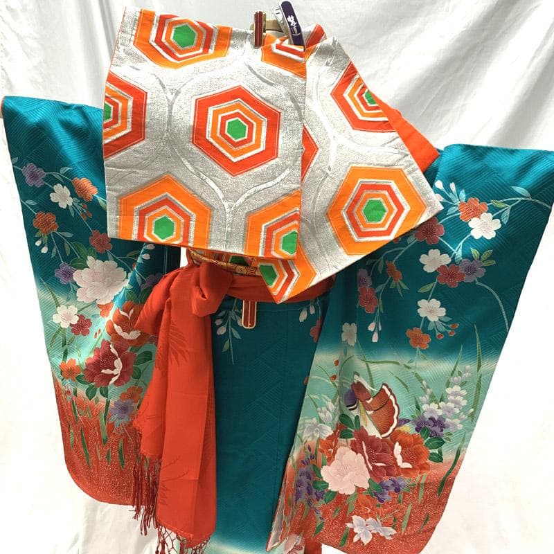 508ag54□七五三 七歳 女児 着物&袋帯 鴛鴦 牡丹 青緑□美品 - メルカリ
