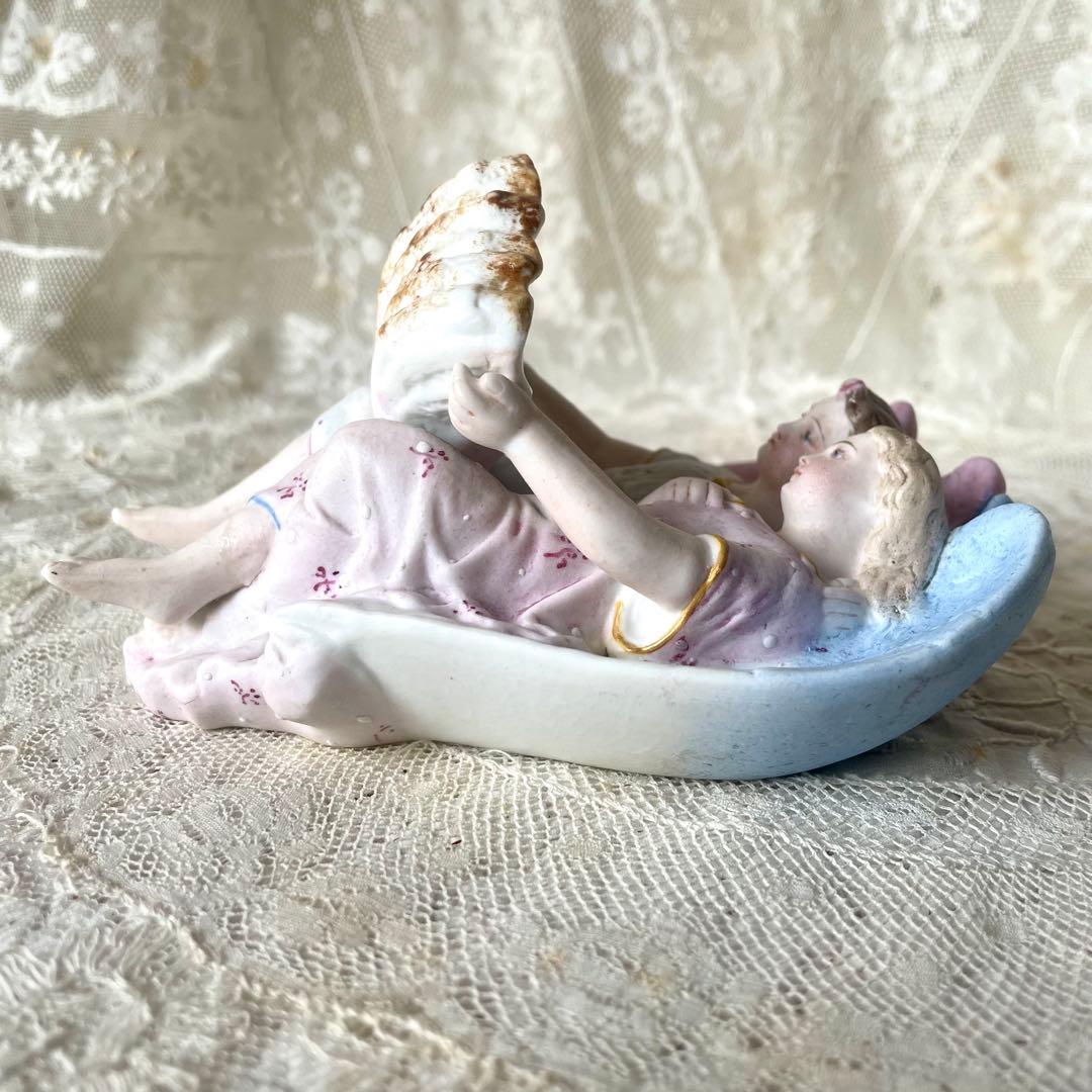 二人の天使の聖水盤 ビスク フランスアンティーク ブルーとピンク