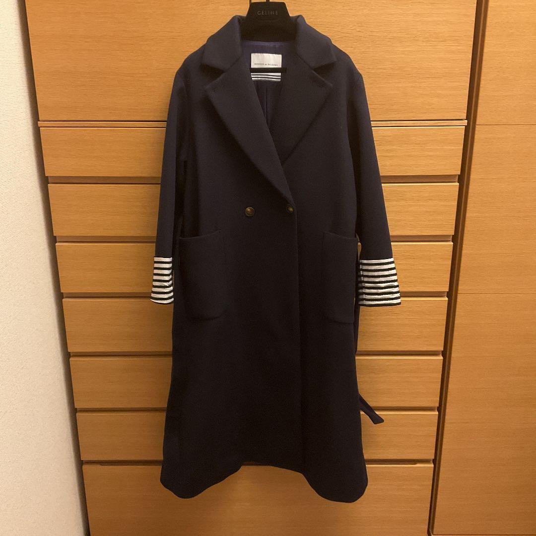 ボーダーズアットバルコニー カシミヤ入りウールロングコート ネイビー
