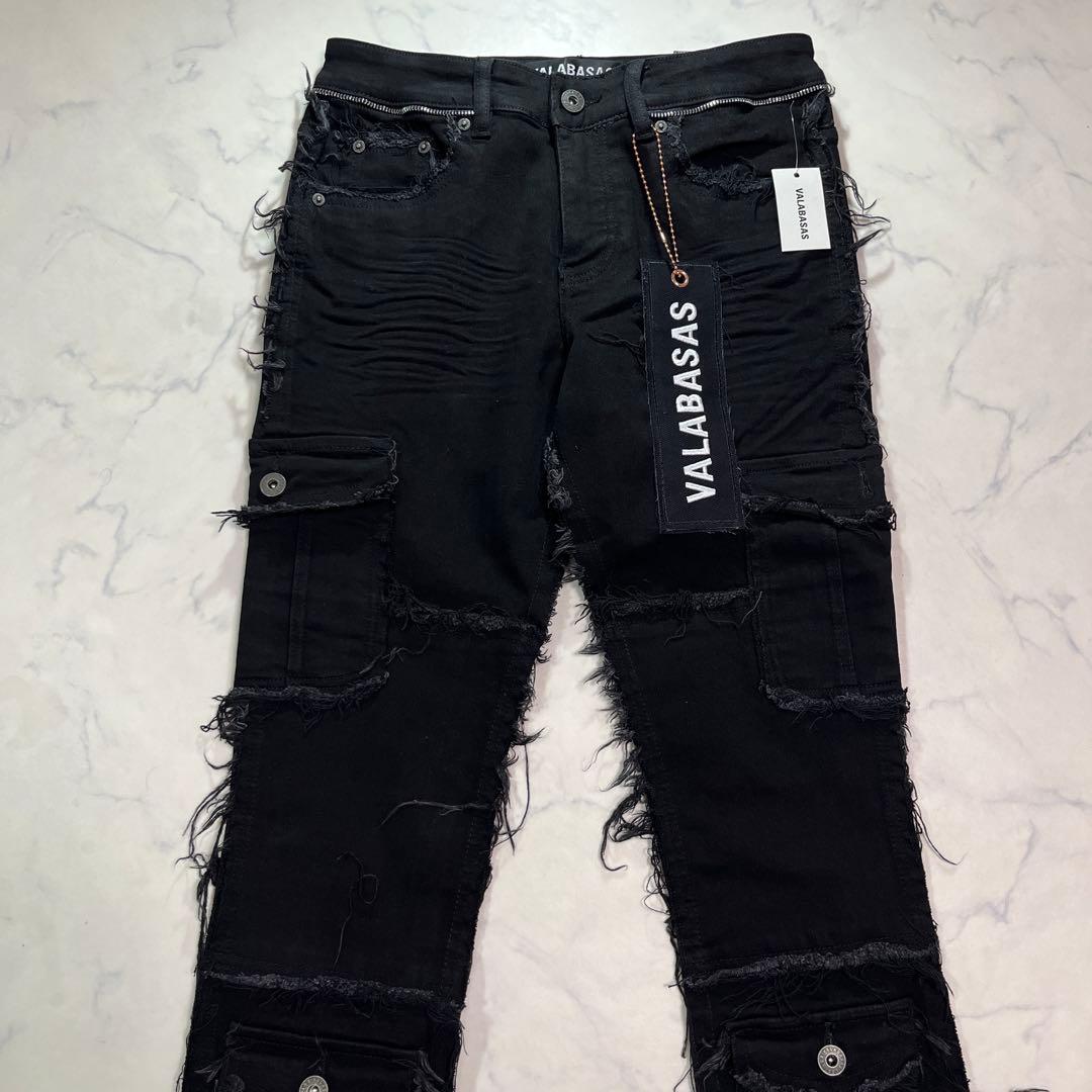VALABASAS バラバサス クラッシュスキニーフレアブラックデニム 新品29