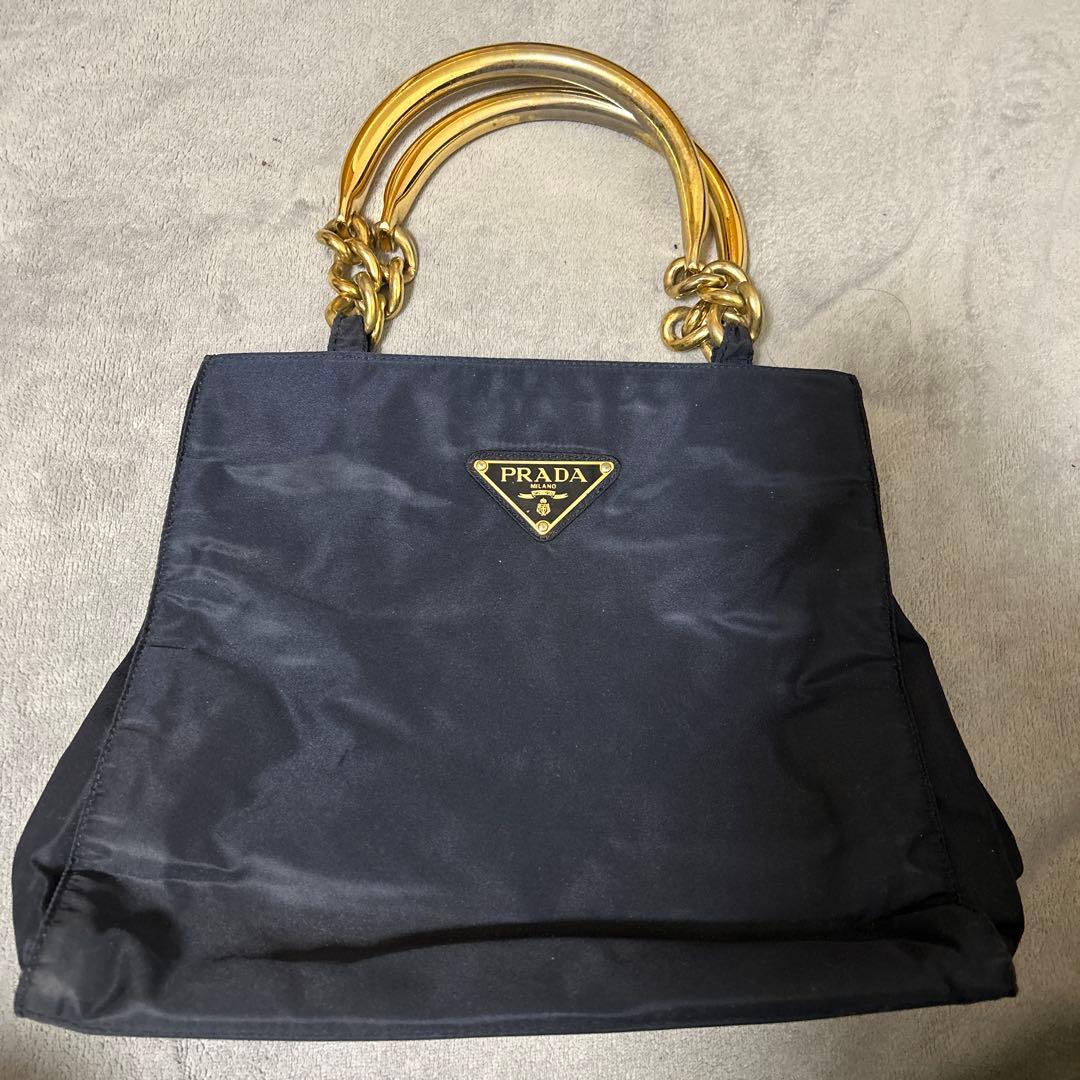 PRADA 黒 ハンドバッグ 金色ハンドル PRADA Hand Bag Nylon Black Gold Auth 90752 | eBay