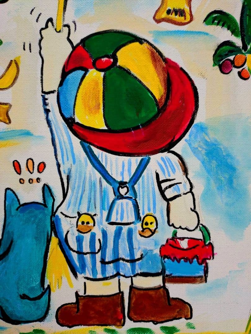 F6号】水森亜土 手描き作品/表裏サイン・裏描き有/油彩/アクリル/額縁