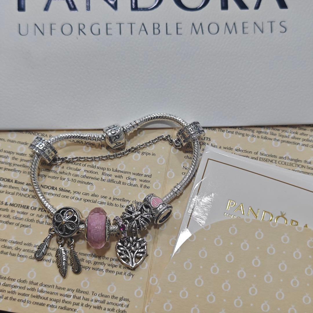Pandora シルバーブレスレット ピンクチャーム付き 925 銀 18